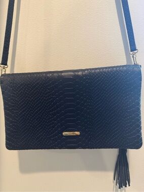 GiGi New York Navy Blue Python Embossed Leather Foldover Crossbody Clutch NWOT
